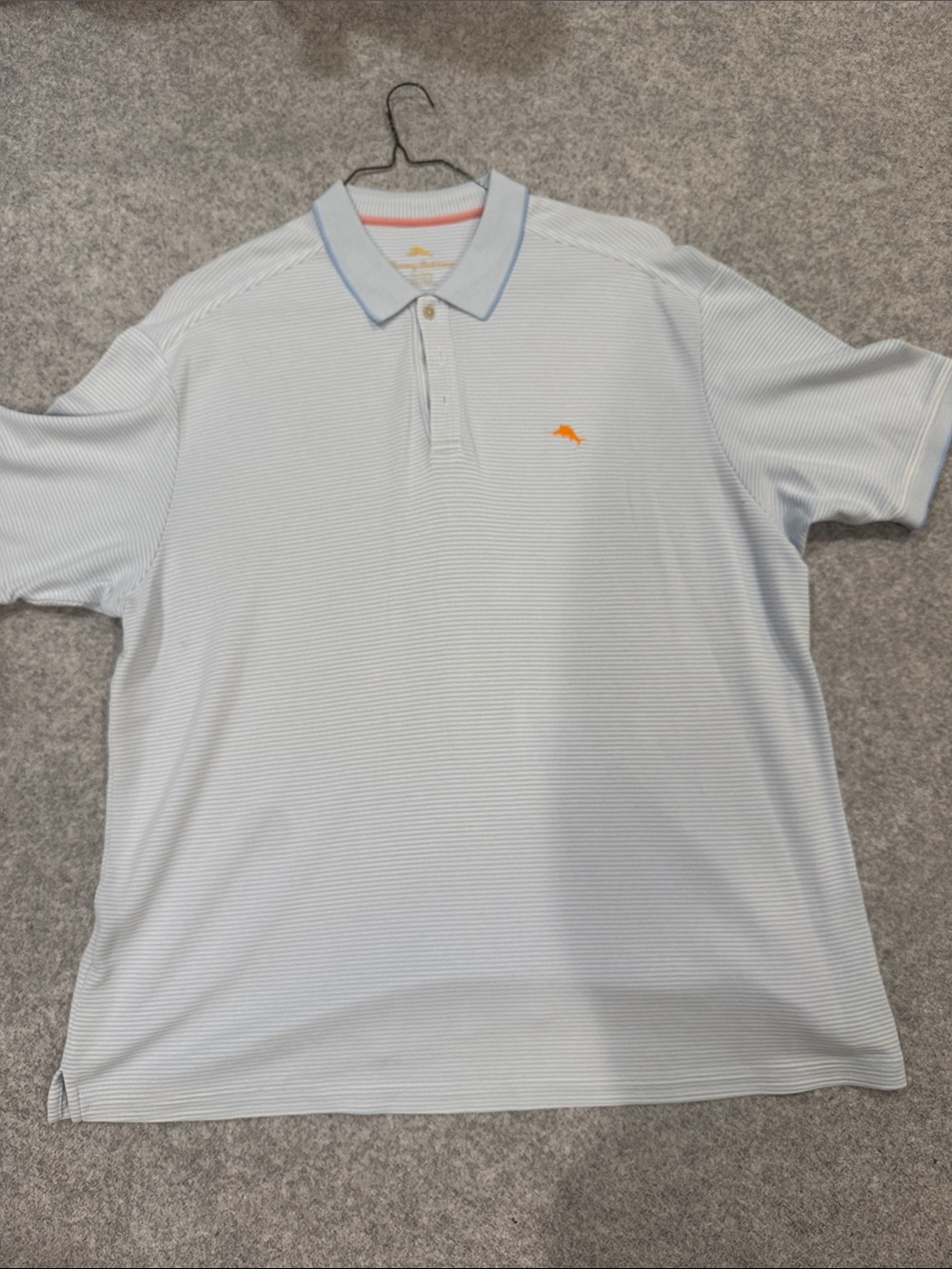 Tommy Bahama Men's Light Blue Striped Polo Shirt with Orange Logo
